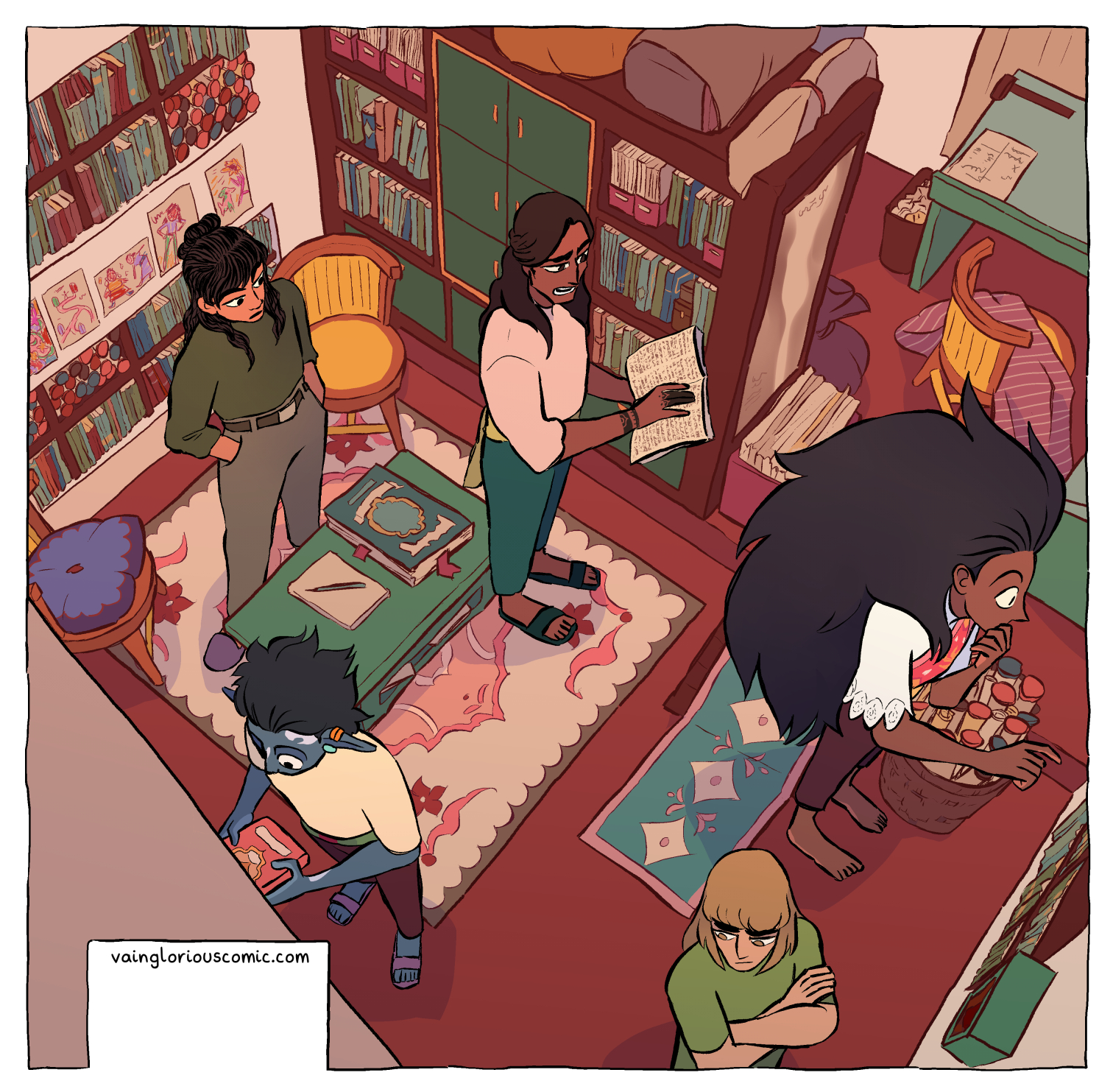 Crop of panel 1. Mercury, Von, Hammer, and Rei stand in the house's library, looking at various books while Ash talks to them.